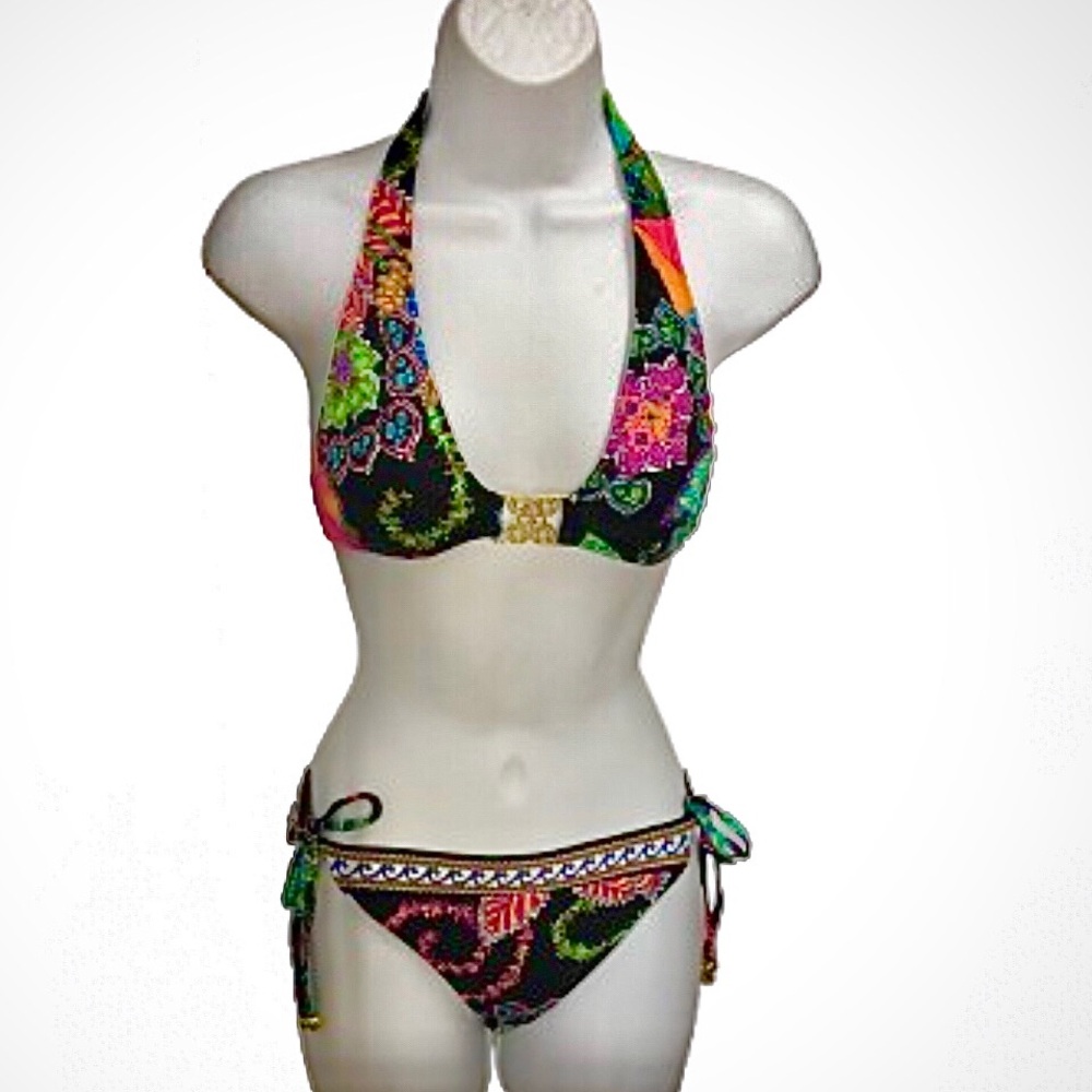 TRINA TURK 2 PC SWIMSUIT •BLACK W MULTI COLOR FLORAL DESIGNS •GOLD ACCENTS •Sz10